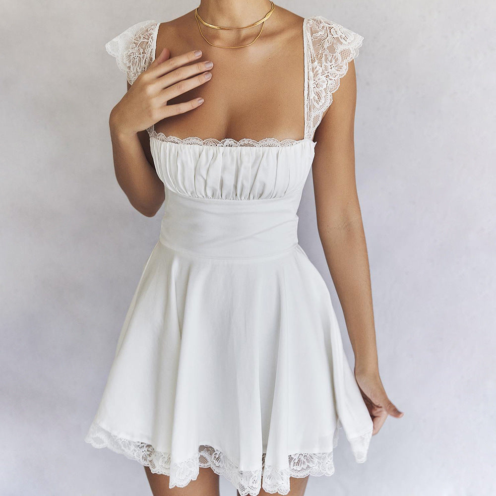 Lace Square Collar Suspender Skirt Slim Fit Backless White French Dress Women