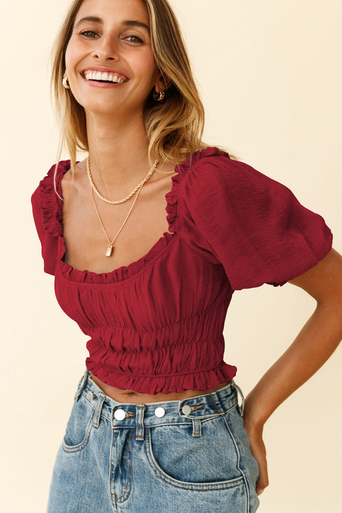 European and American Fashion Women's Wear Pleated Lantern Short Sleeve Ruffled Chiffon Top Ultra Short Bare Midriff