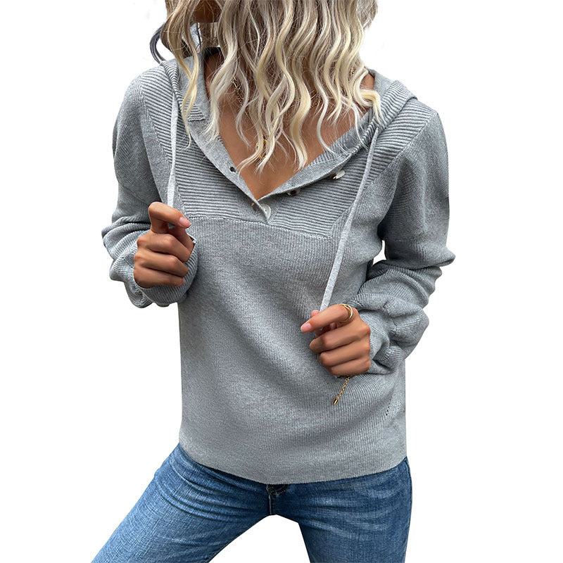 Autumn and Winter European and American Fashion Women's Wear Solid Color Long-Sleeved Hooded Knitted Sweater