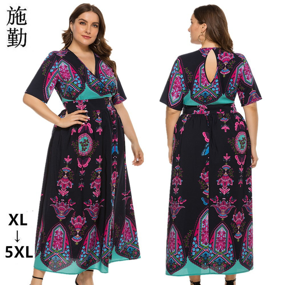 European and American plus Size Women's Clothes Dress Bohemia Printed Dress