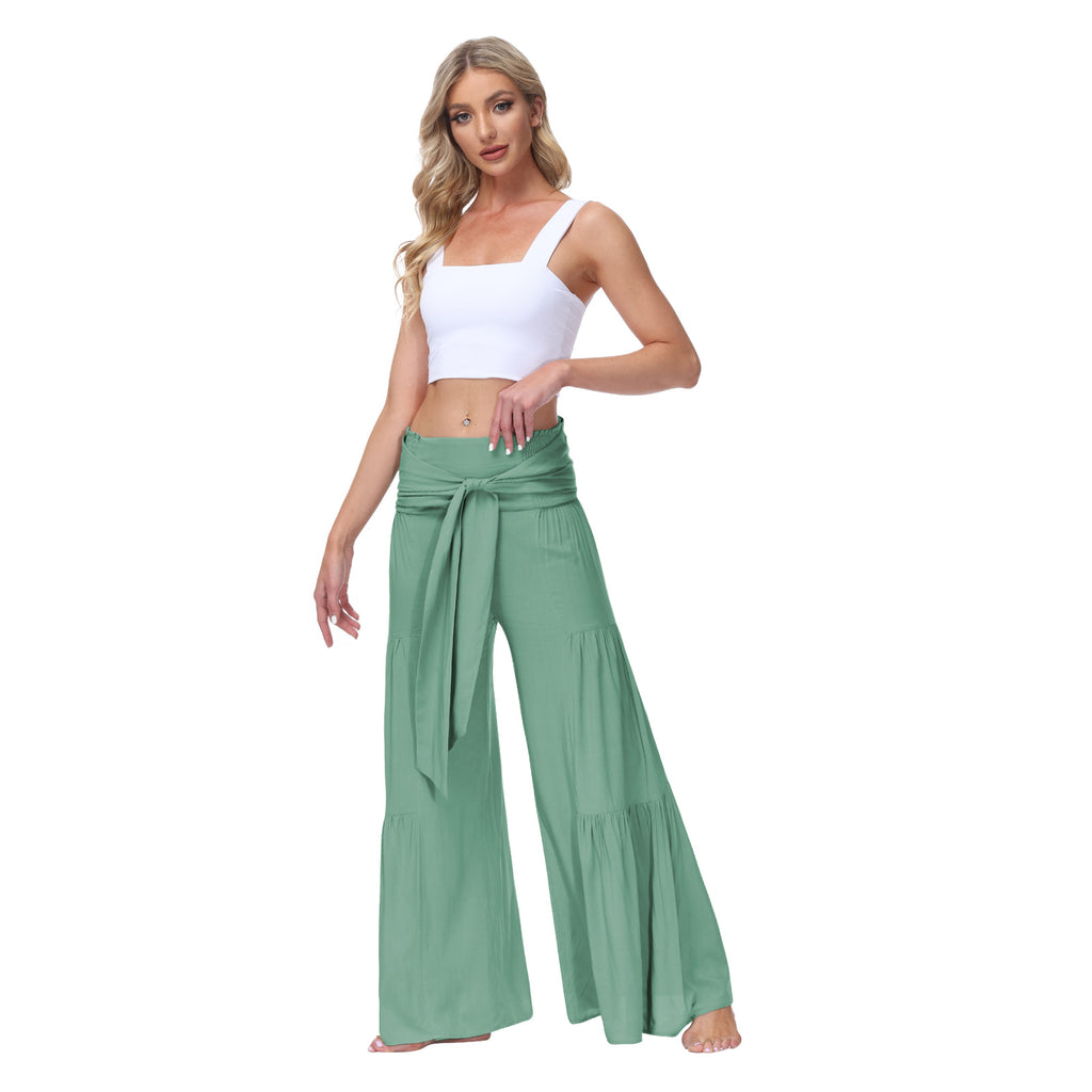 European and American Women's Clothing Fashion Temperament Bandage Elastic Waist Pleated Wide Leg Pants Casual Loose Trousers