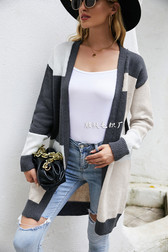 Loose plus Size Color Stitching Knitted Cardigan Fashion Sweater Coat for Women