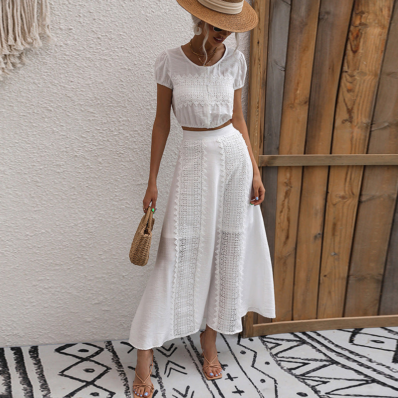Short Sleeve round Neck Top Two-Piece Set White Skirt Suit Women