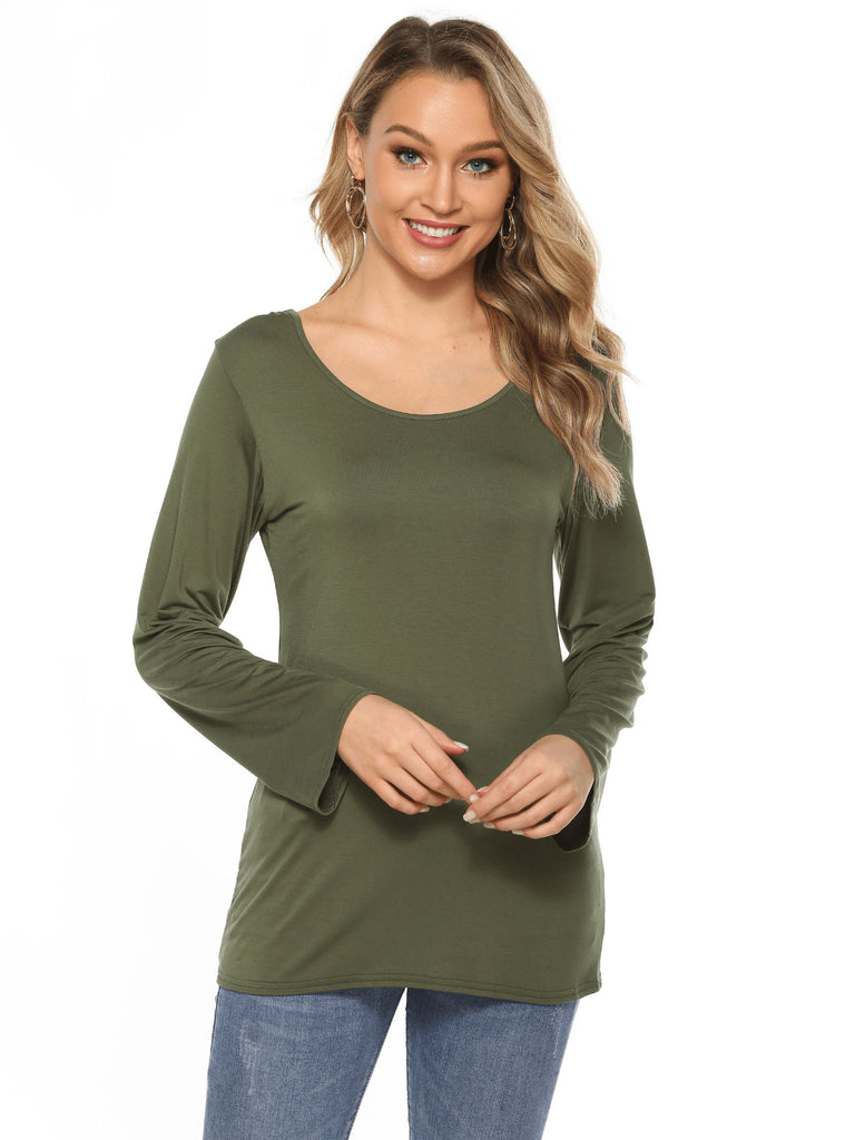 Long-Sleeved Green Pure Pullover round Neck Slimming Slim Casual Knitted Solid Color Clothes