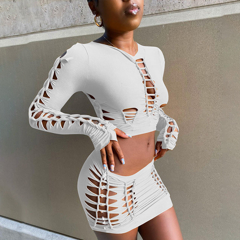 European and American African Women's Wear Hollow-out Navel Skirt Suit round Neck Long Sleeve Top Tight Skirt Autumn and Winter Two-Piece Suit