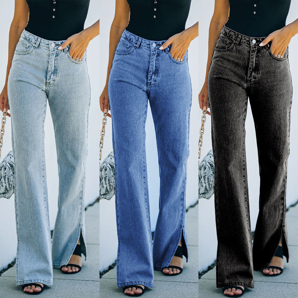Washed Split Internet Celebrity Strict Selection Mid-Waist Elegant Denim Pants Casual Pants