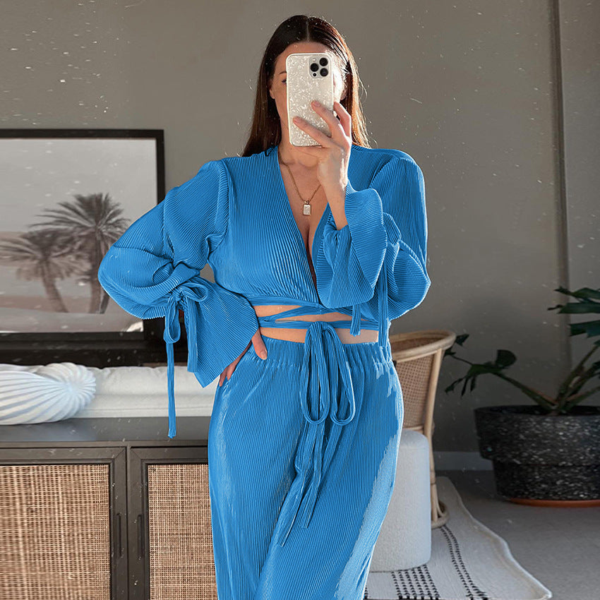 Long Sleeves Cropped Wide-Leg Pants Suit Design Pleated Two-Piece Suit for Women
