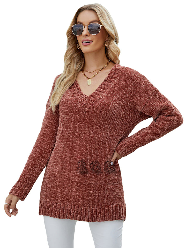 Fashion Long Sleeve V-neck Knitted Loose Loose Pullover Women
