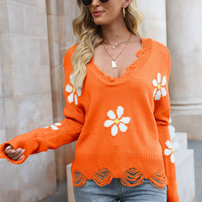 Ripped Long Sleeves Loose Sweater Little Flower V-neck Pullover Sweater