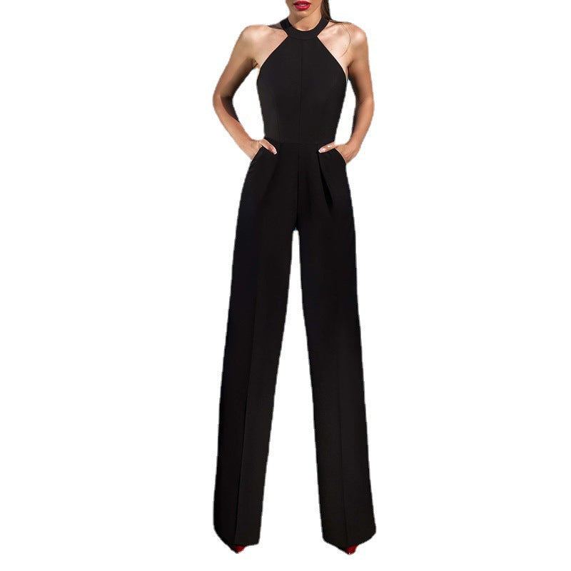 Sexy Sleeveless Halter Jumpsuit Slim Trousers Solid Color