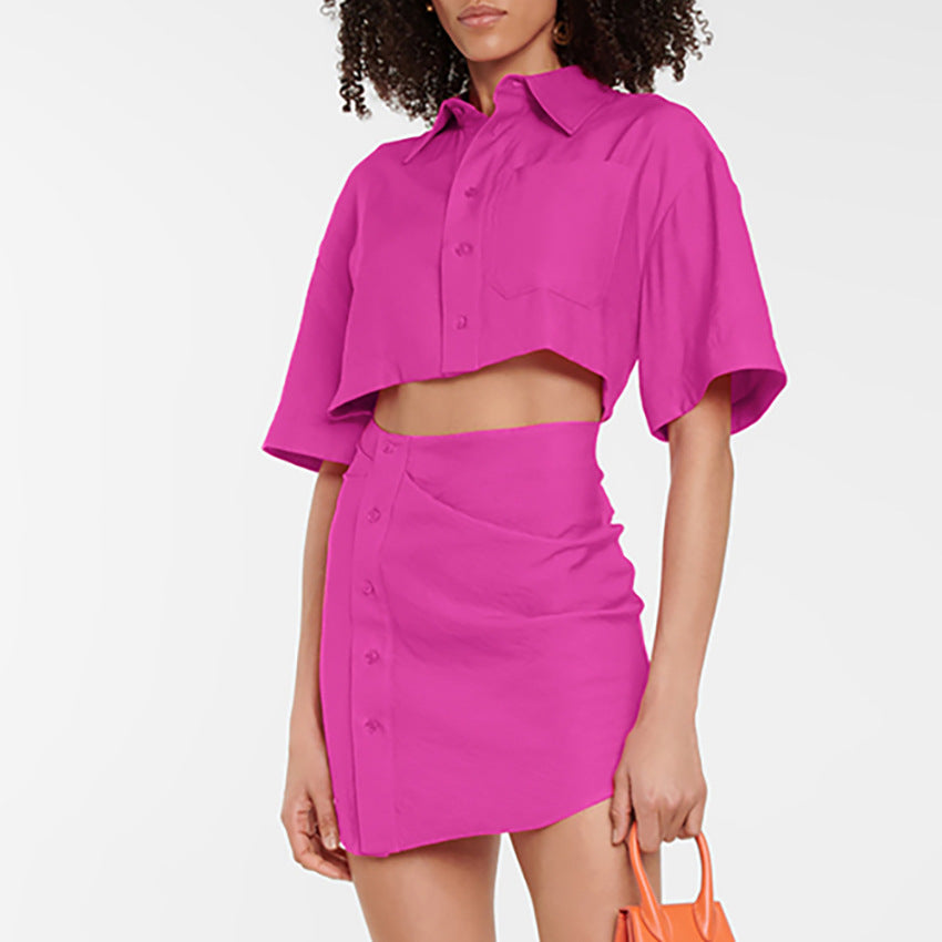 Sexy Short Dress Shirt Skirt Exposed Navel A- line Skirt Pink Short Sleeve Women