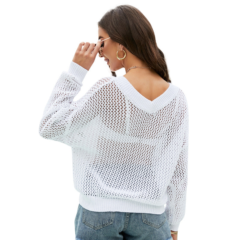 Long Sleeve Pullover Thin Knitted Blouse Casual Loose V-neck Hollow Sweater