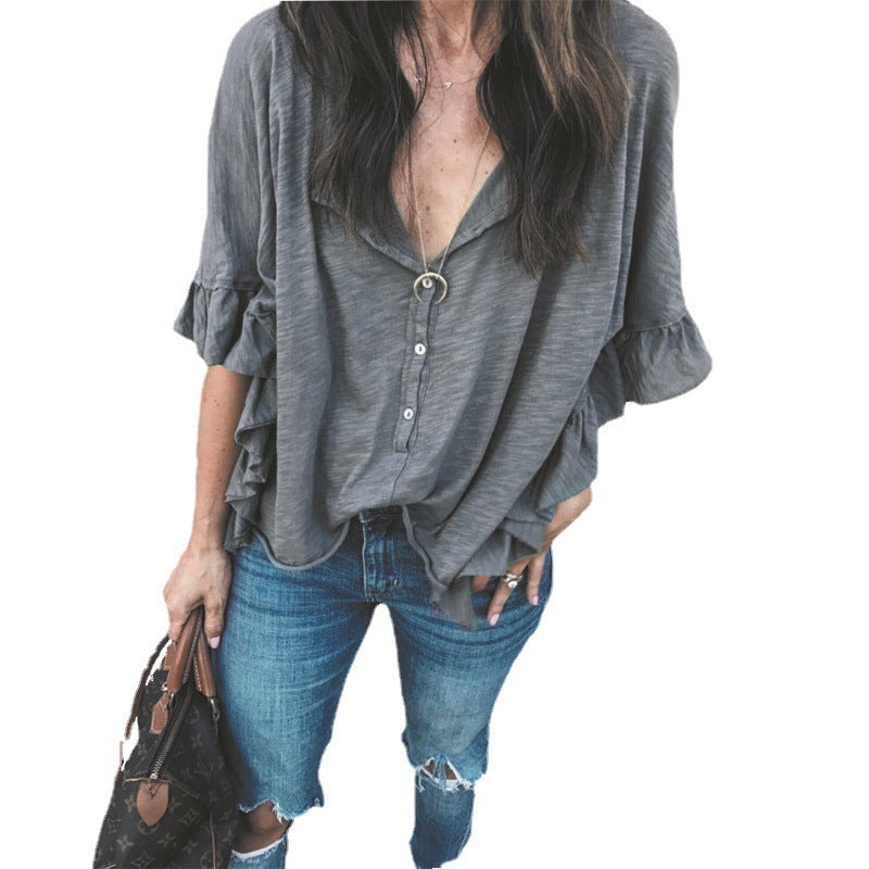 Women's Short-Sleeved T-shirt Solid Color Casual Loose-Fitting Batwing Sleeve Shirt Top