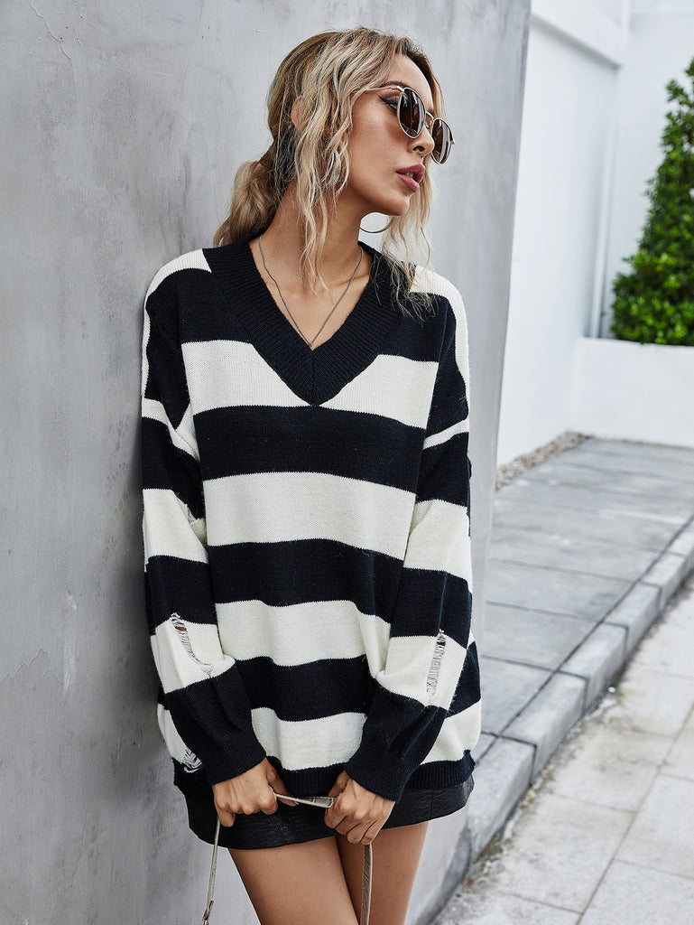 Women's Mid-Length Striped V-neck Hole Loose Sweater