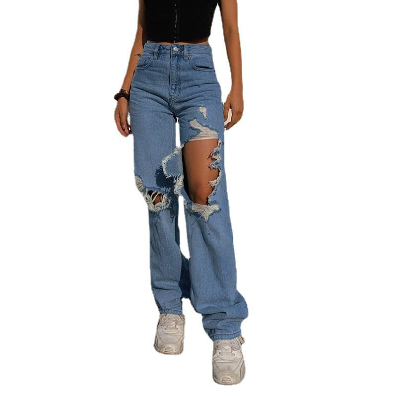 Loose Personality Ripped Straight Casual Pants Jeans For Women