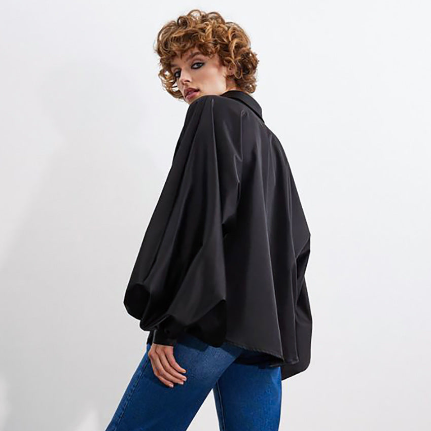 French Satin Shirt High Sense Niche Lantern Sleeve Ice Silk Cardigan European and American Leisure Solid Color