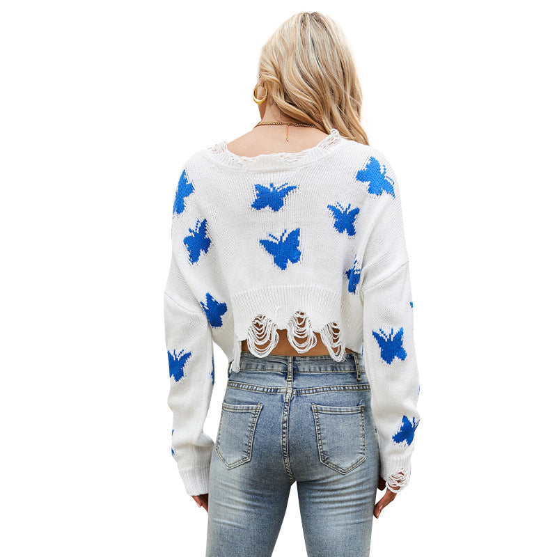 Short Sexy Midriff-Baring Knitted Sweater Long Sleeve Butterfly Pattern V-neck Pullover Sweater
