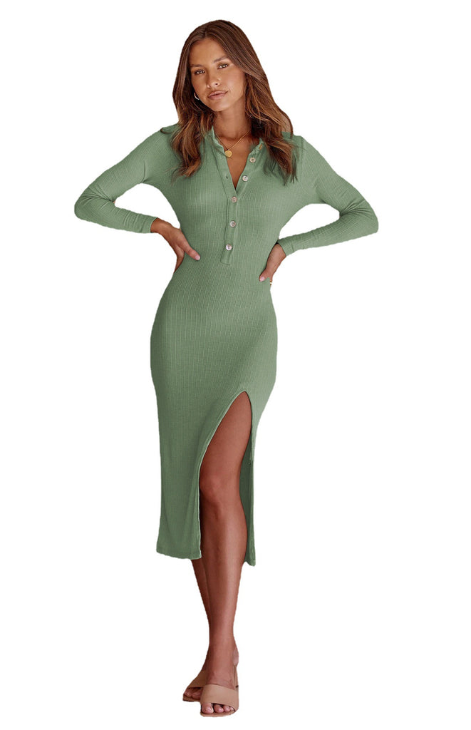 Button Split Long Sleeve Rib Fashion Dress Slim Fit Slimming Temperament Sheath Midi Dress