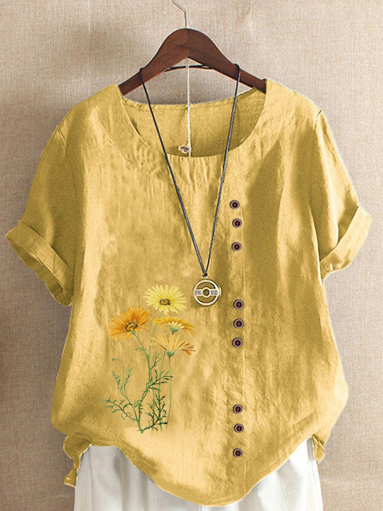 Cotton and Linen New Hot Flower Series Printed Loose round Neck T-shirt for Women