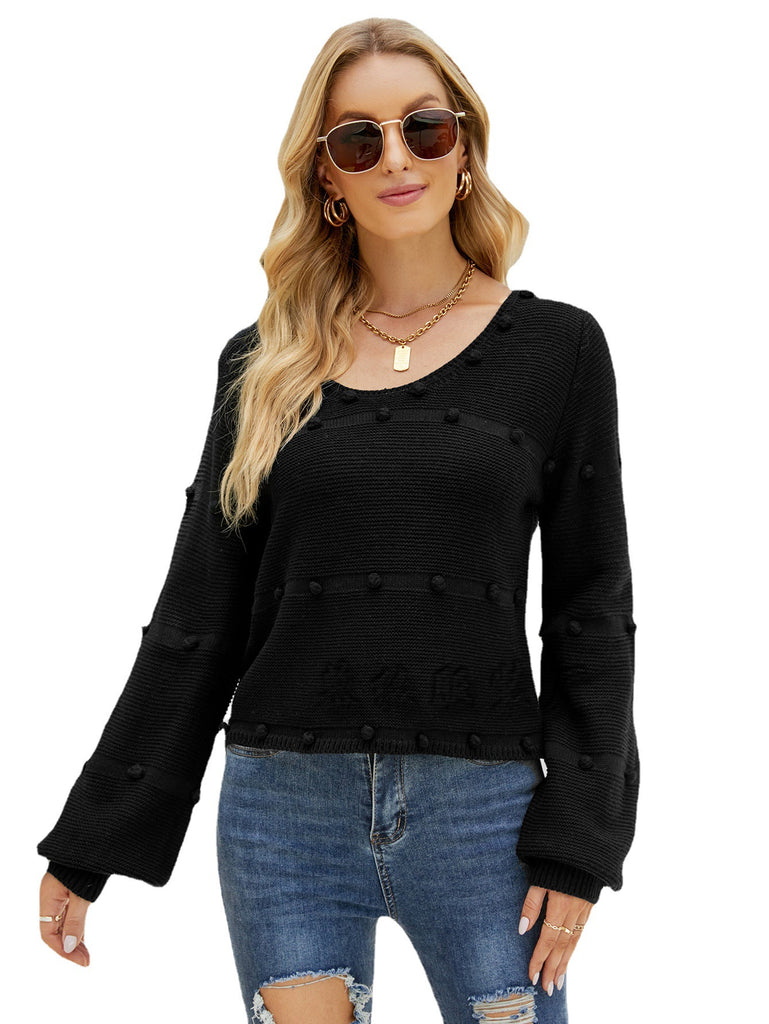 Fashion Long Sleeve U-Collar Knitted Loose Solid Color Pullover Sweater Women