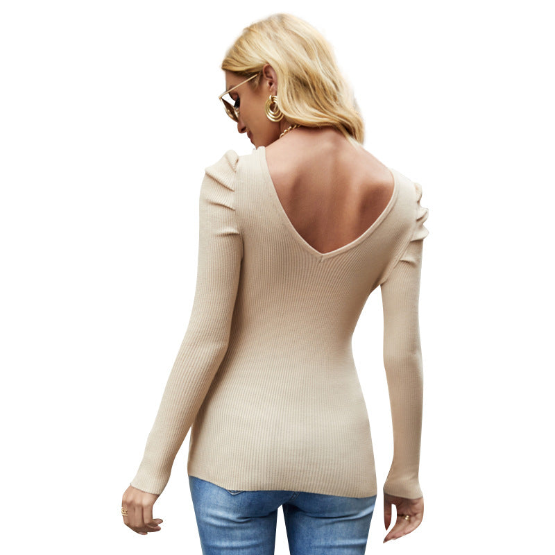 Slim Fit High-Elastic V-neck Knitted Bottoming Shirt Design Puff Sleeve Pullover Sweater for Women