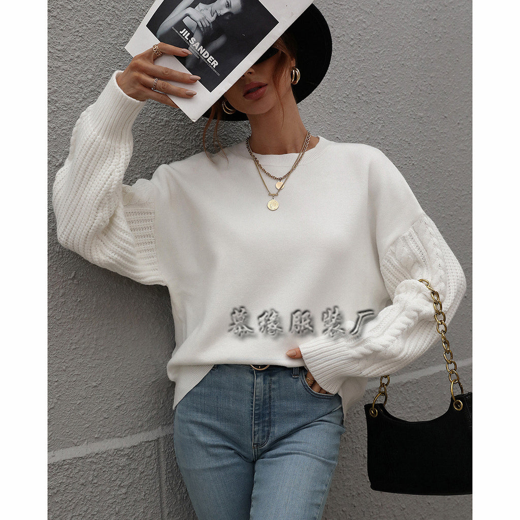 Solid Color Knitwear Women's Long Sleeve Thick Needle round Neck Twisted String Top European and American Sweater Women