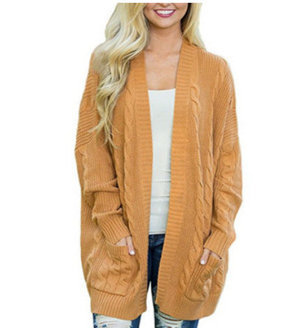 Women's Sweater European and American-Style Mid-Length plus Size Double Pocket Twist Knitted Cardigan