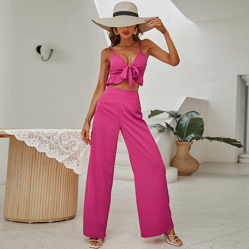 Rose Red Sling Tube Top Backless Sexy Top Women's Long Bell-Bottom Pants Suit