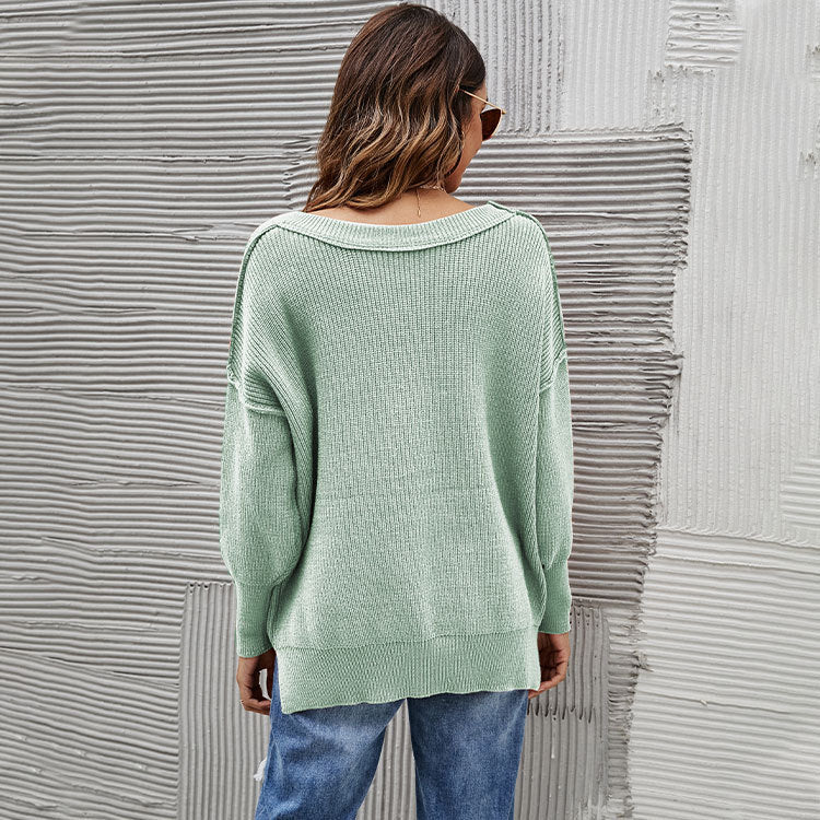 Fashion Pullover Sweater round Neck Loose off-the-Shoulder Large Size Solid Color Sweater