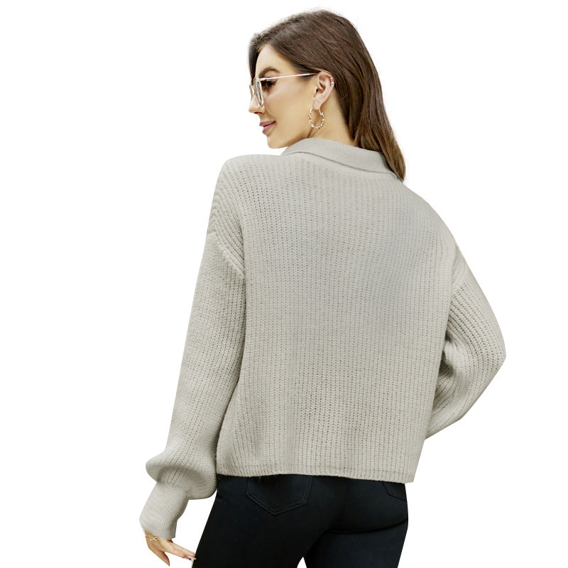 Loose Women's Top Autumn and Winter Solid Color Pullover Sweater Temperament Commute Long Sleeve Polo Collar Sweater