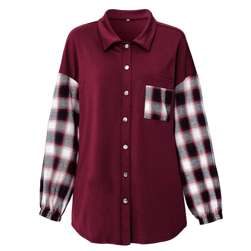 Women's Clothing 2022 Autumn and Winter New Plaid Patchwork Top Women's Fashion Polo Collar Loose Shirt
