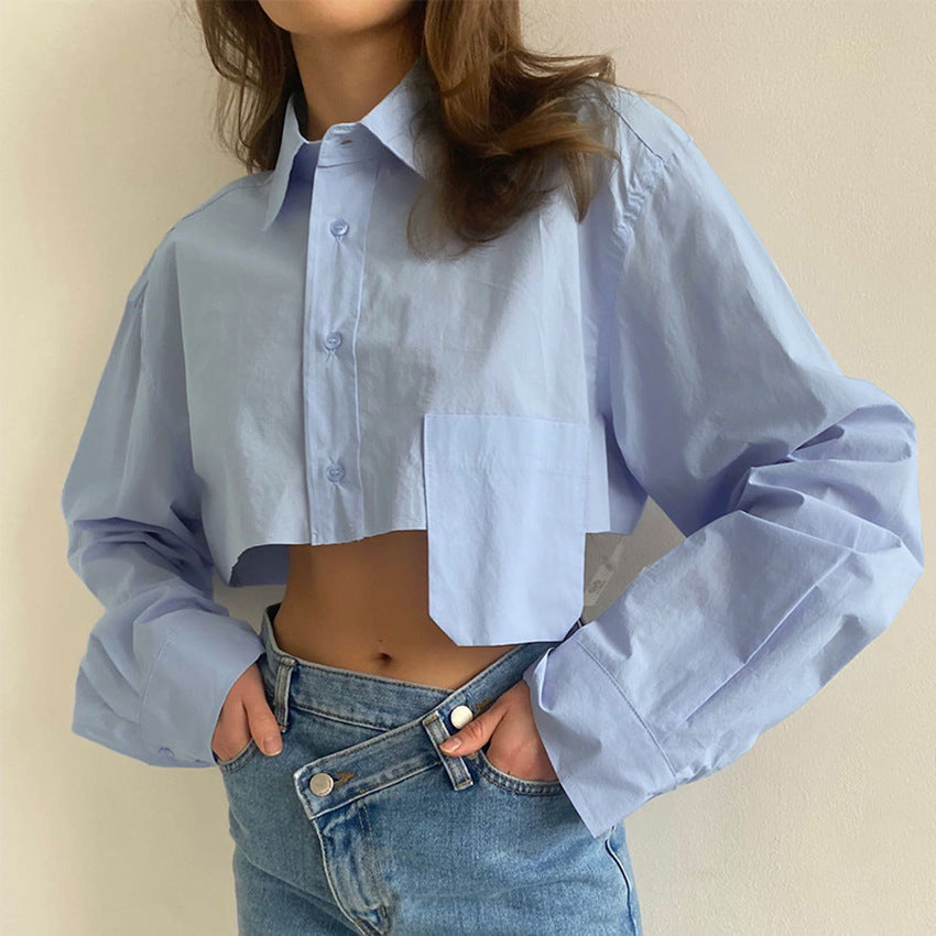 Asymmetric Short-Stitched White Shirt Cropped Fashion Casual Dignified Design Women's Clothing