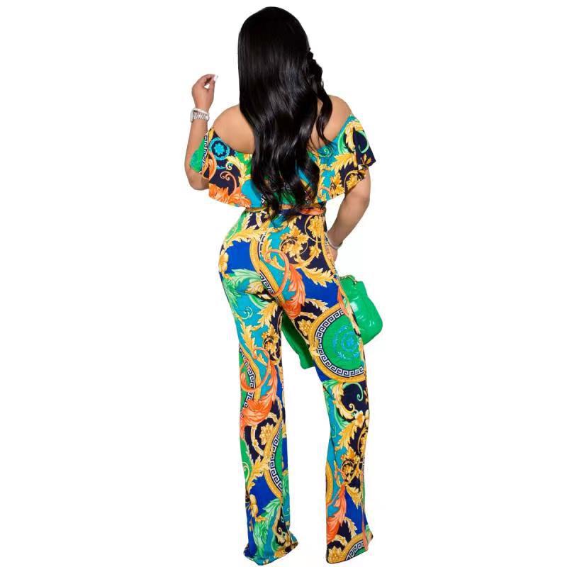 YM-8605 European and American women's sexy printed word neck wide leg jumpsuit