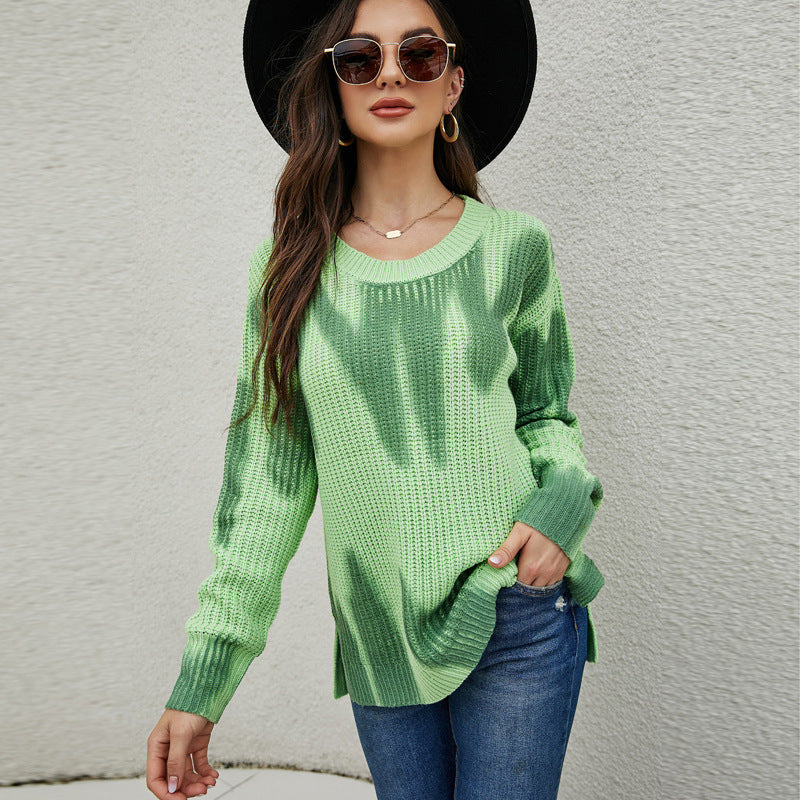 Printing and Dyeing Long-Sleeved Sweater Top round Neck Pullover Loose Knit Sweater for Women