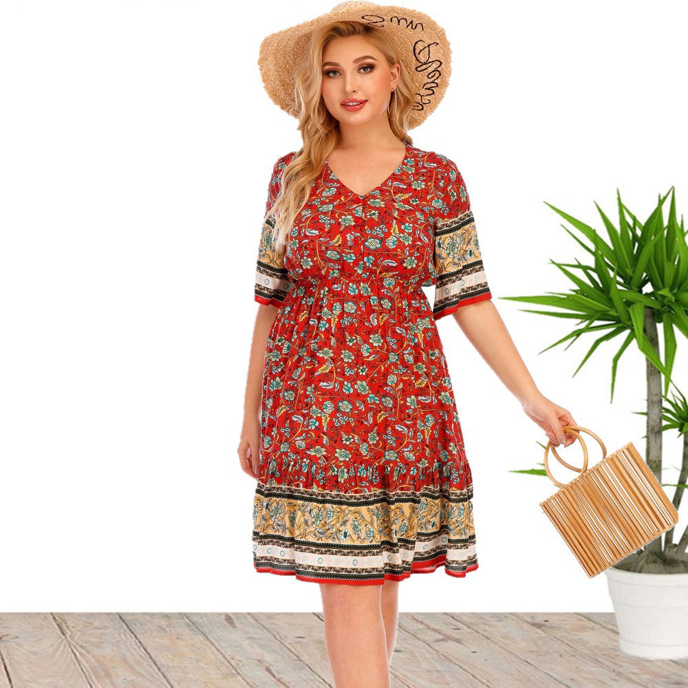 European and American plus Size Women's Clothes Short Sleeve Printed Dress