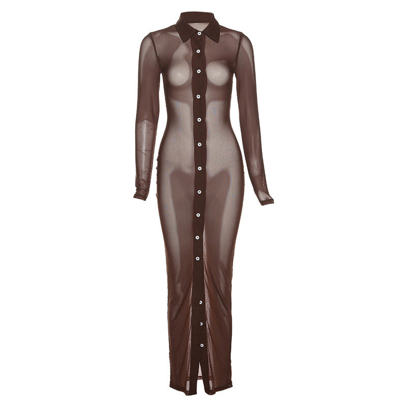 2022 Fall Women's New Long Sleeve Fashion Lapel Breasted Solid Color Mesh Perspective Sexy Dress