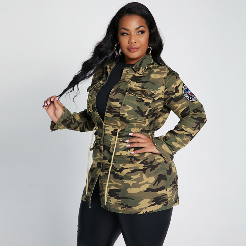 Chapter Rivet Stickers Multi-Bag Drawstring Cool Camouflage Workwear Casual Baseball Uniform Jacket plus Size Women's Coat