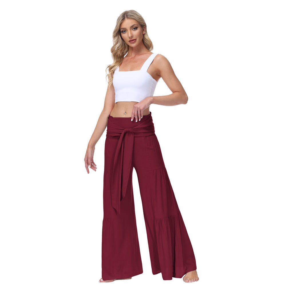 European and American Women's Clothing Fashion Temperament Bandage Elastic Waist Pleated Wide Leg Pants Casual Loose Trousers