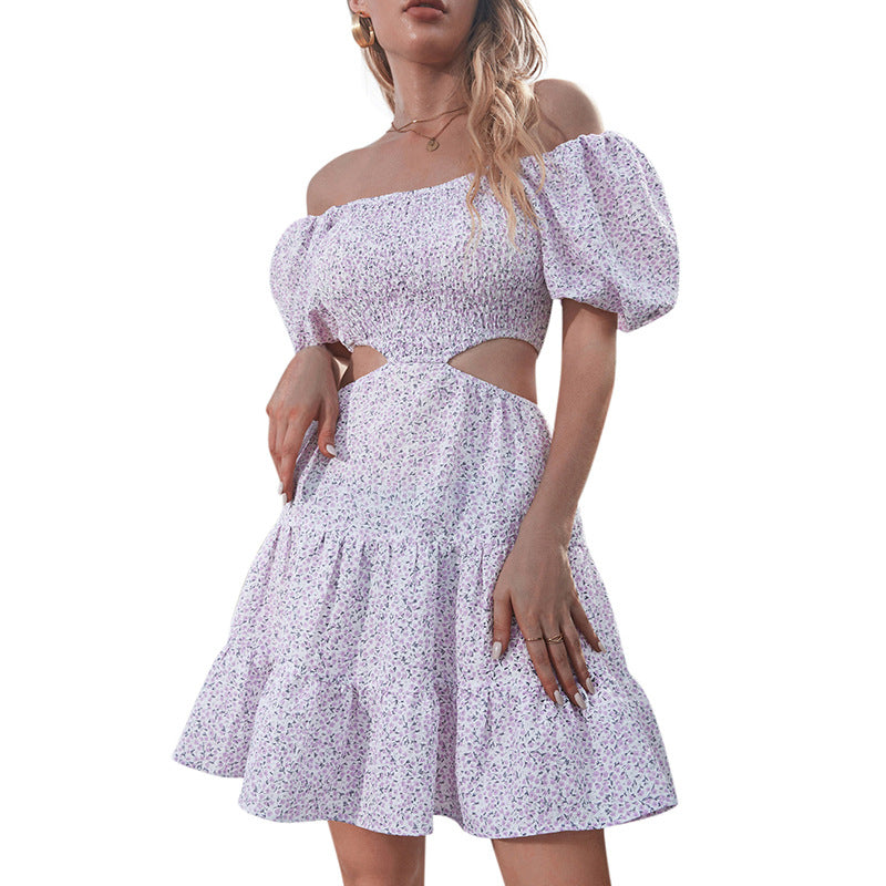 Floral-Print off-Shoulder Midriff Outfit Short Sleeve Large Swing Skirt Floral Women's Dress