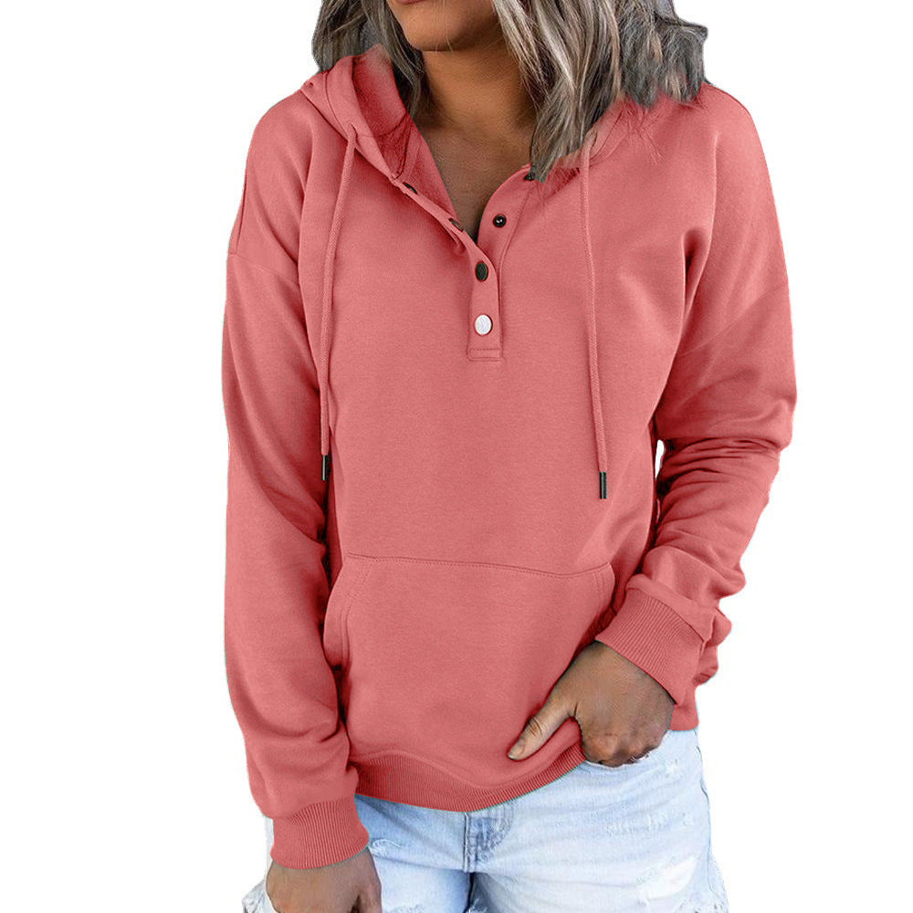 Women's 2021 Autumn and Winter New Amazon Half Cardigan Button Kangaroo Pocket Hooded Sweater for Women