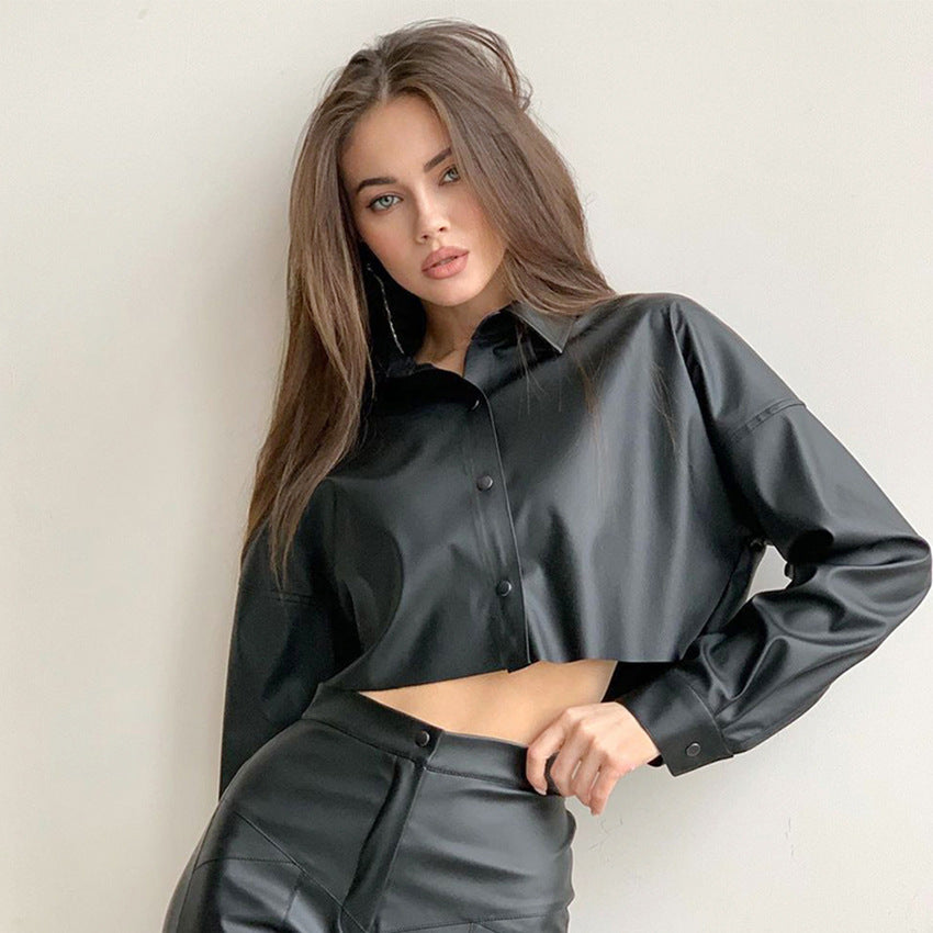 PU Leather Coat European and American Women's Clothing Street Hot Girl Middle Section Domineering Shirt Long Sleeve Short Shirt Motorcycle Style