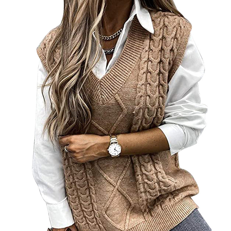 Sweater Vest Women's Fashion Loose Vest Large V-neck European and American Sleeveless Twisted Knitted