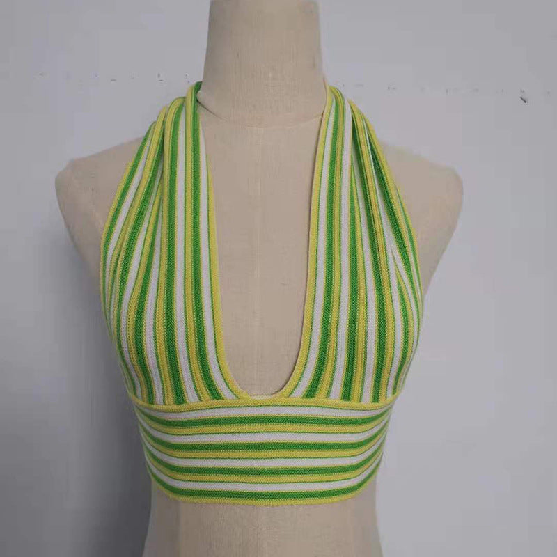 Contrast Color Halter Tied Top Sexy Backless Knitted Sling