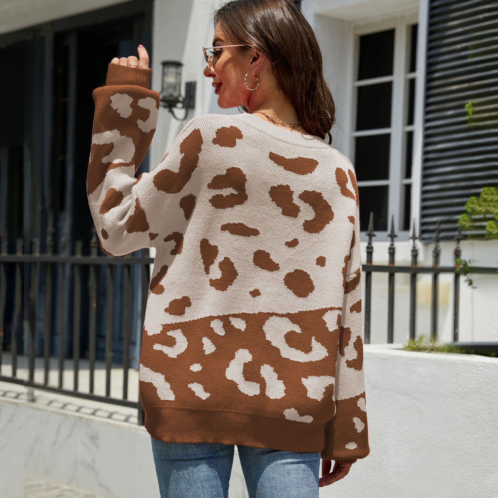 Women's round Neck Dual-Color Patchwork Leopard Print Sweater Women's Fashion Pullover Foreign Trade Sweater Women