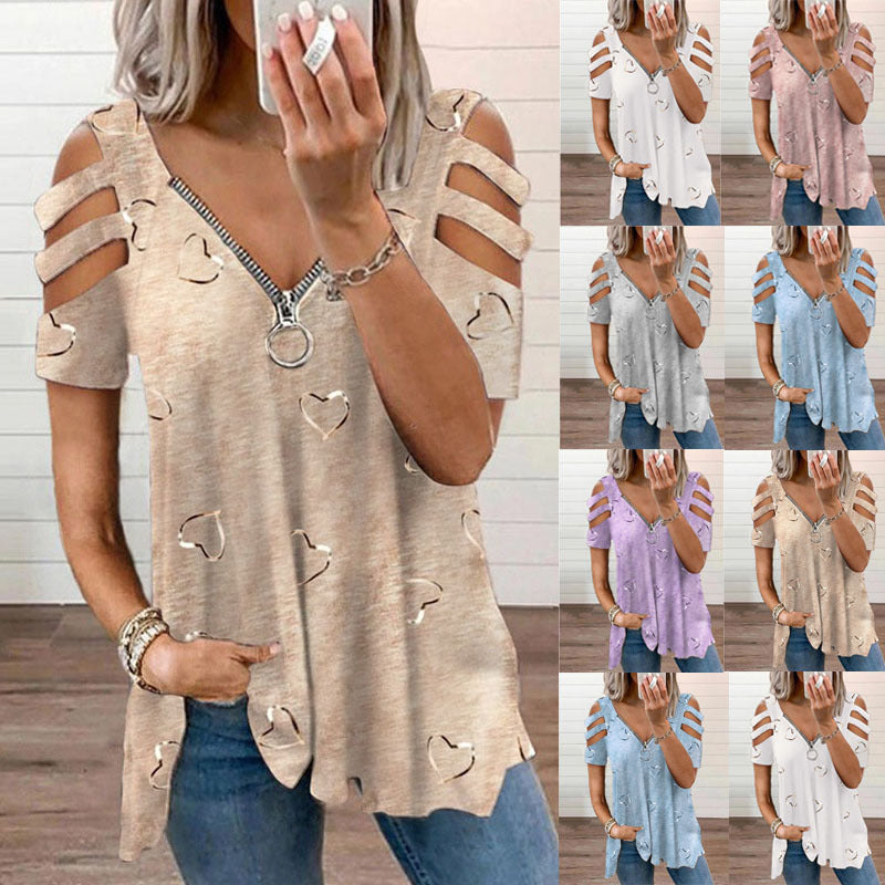 V-neck Zipper Printed Short Sleeve Loose-Fitting Casual T-shirt Women's Top