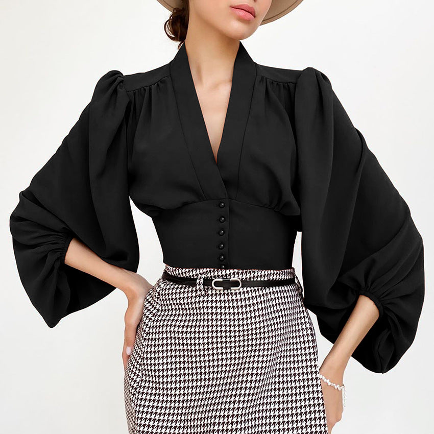 Short Cropped Cropped Chiffon Shirt V-neck Top French Style Long Sleeve Blouse for Commuting