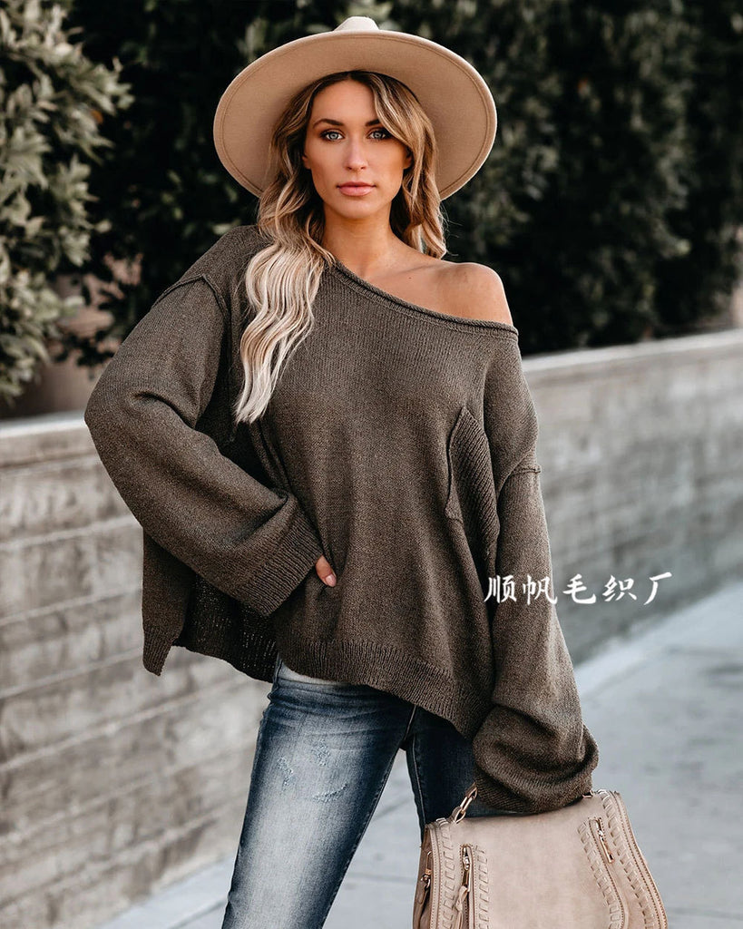 Solid Color Pullover Sweater Round Neck Pocket Loose Casual Women 'S Sweater