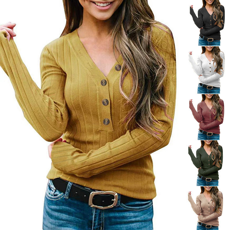 V-neck Buttons Solid Color Long-Sleeved Knitted Sweater Women's T-shirt