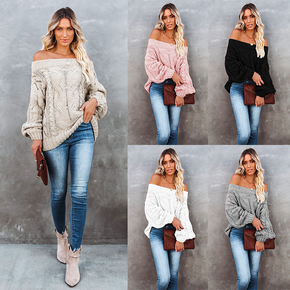 Off-the-Shoulder Large Size Loose Sweater Amazon off-Neck Solid Color Pullover Sweater Women