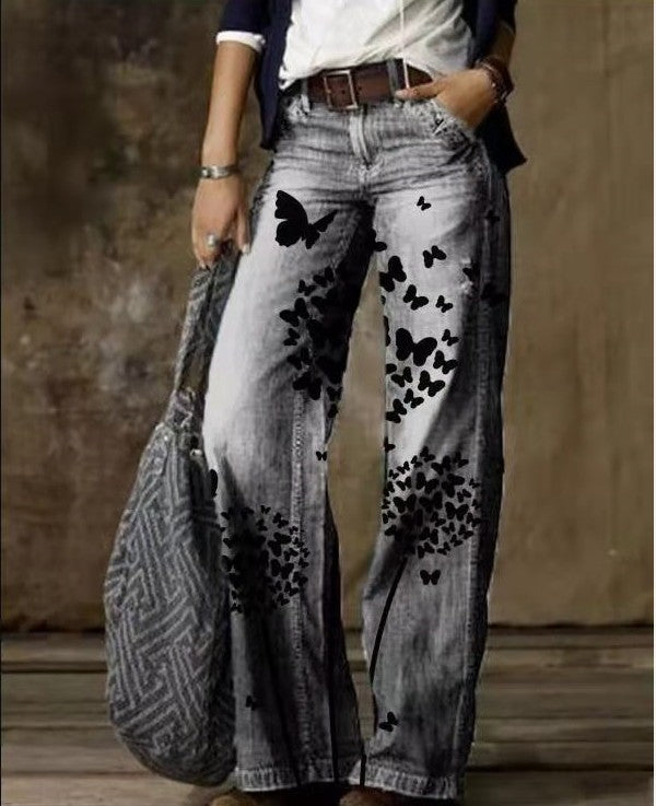 Wide-Leg Pants Straight Urban Casual Trousers No Belt High-Waisted Trousers